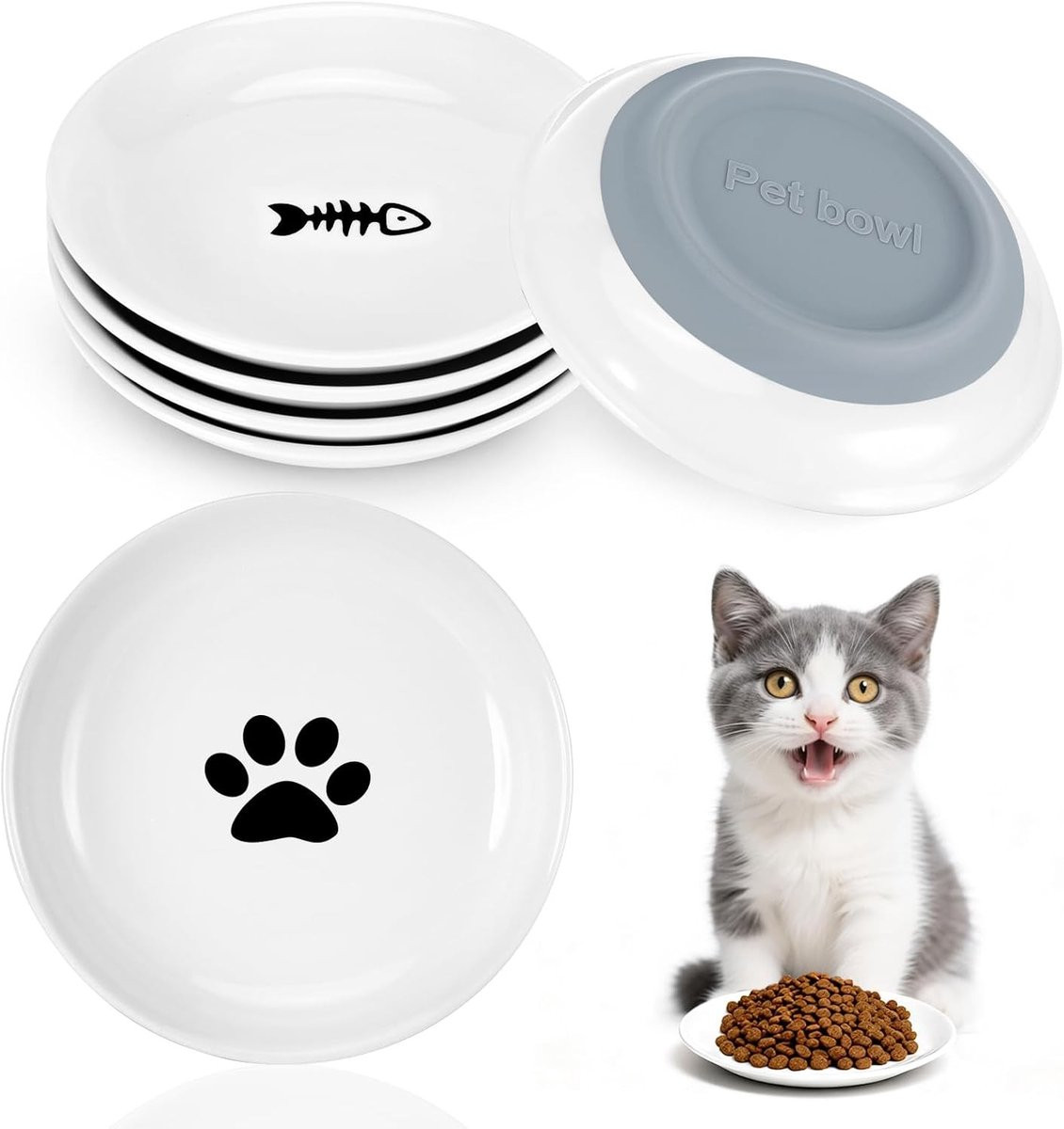 Set van 6 keramische kattenvoeders met antislip siliconen basis voor voeding en water