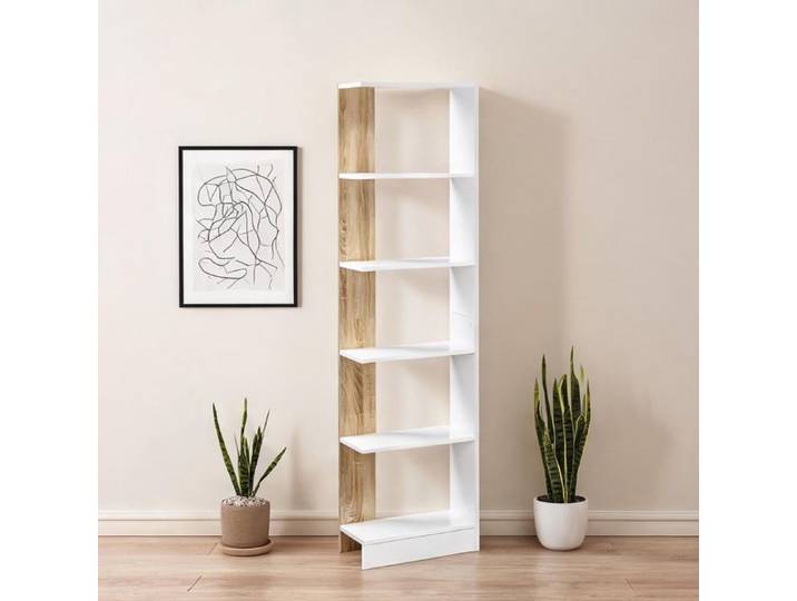 Bibliothèque design 170 cm avec 5 étagères ouvertes en panneaux de particules finition blanc et chêne