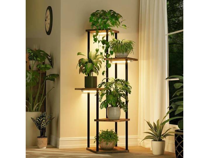 Support Plantes avec Lampe Croissance – Étagère 5 Niveaux Métal Brun Rustique – Porte-Plante Intérieur Extérieur Multiplantes