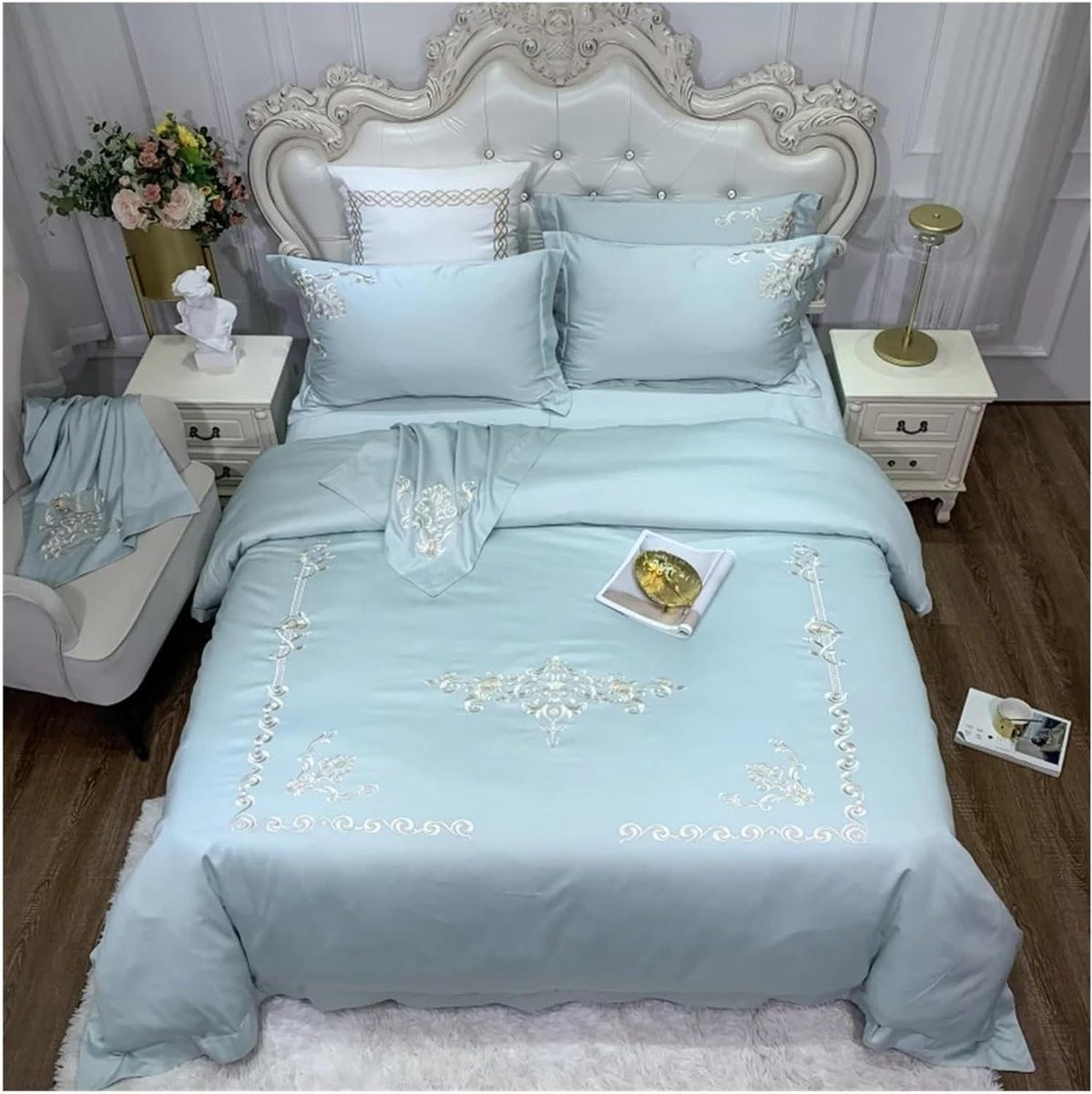 Groene katoenen kingsize dekbedset met gouden borduurwerk