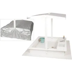 WONDERMAKE® Design Sandkasten mit Matschküche, Dach, Abdeckung OXFORD 420D, Vliesfolie, Sandkiste Holz quadratisch verschließbar Outdoor Garten für Kinder, weiß silber