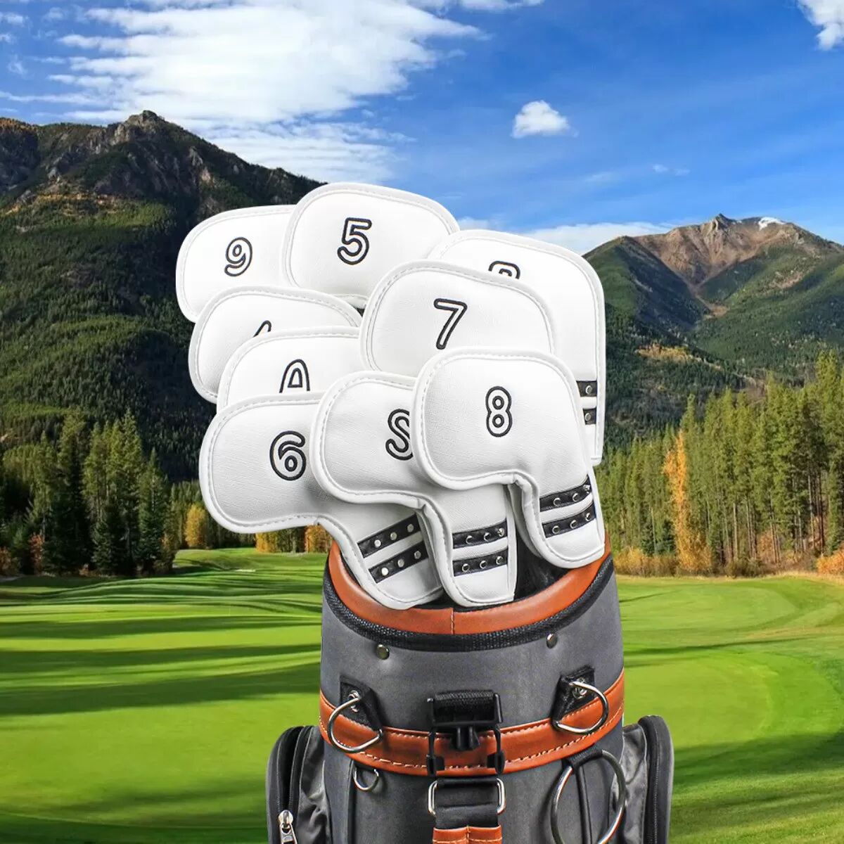 INF Ensemble de 9 couvre-fers de golf en cuir PU blanc - Protection imperméable pour clubs