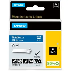 DYMO Rhino-Industrie-Vinyletiketten | 12 mm x 5,5 m | weiß auf blau | selbstklebendes Schriftband
