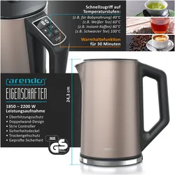 Arendo Frühstücks Set, Edelstahl Wasserkocher 1,5l Temperaturwahl & 4-Scheiben Langschlitz Toaster, Beige, Wasserkocher, Beige