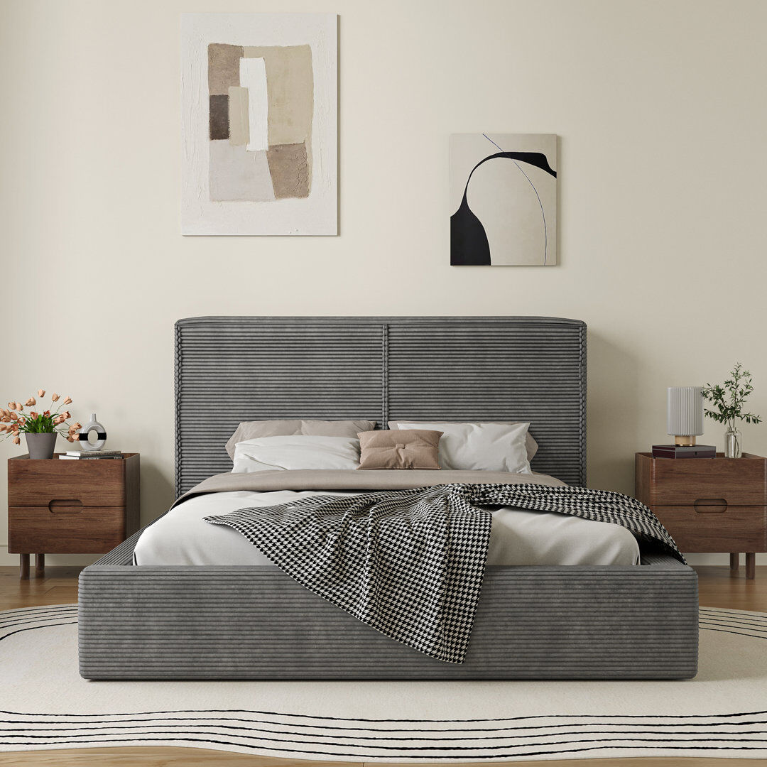 Marlow Home Co. Ottoman Storage Bed Frame with Gas Lift Storage, Corduroy Upholstered Ottoman Bed Easy to Assemble with Just 26 Screws, No Box Spring Required -10 Yea GREY King