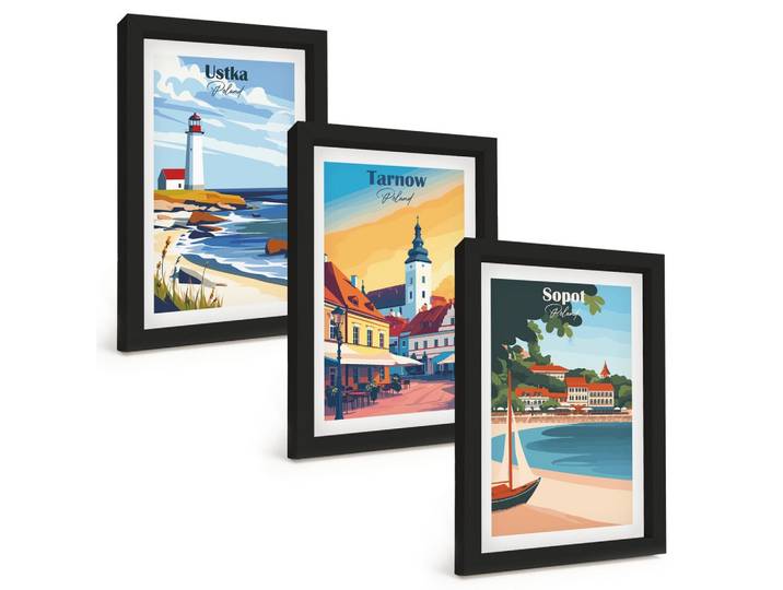 BILDER SET 3er Set - 20x30 cm Schwarzer Rahmen - Stadtansichten Ustka Tarnów Sopot