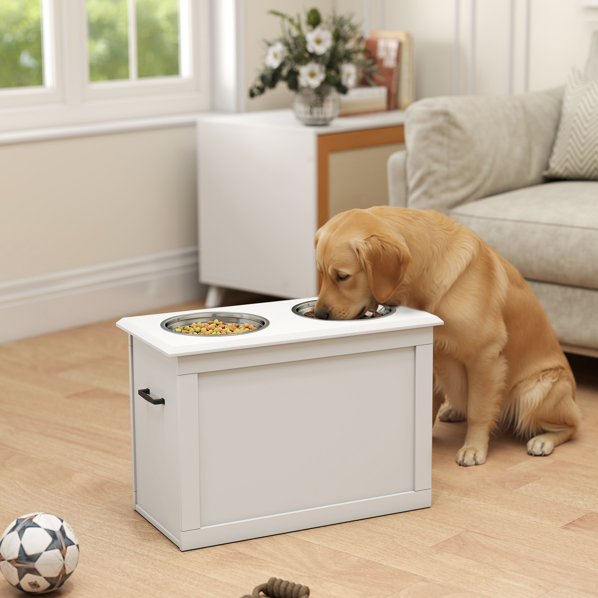 Pawhut Ciotole Rialzate per Cani Grandi, Supporto in MDF con 2 Ciotole in Acciaio Inox, 60x30x41 cm, Bianco
