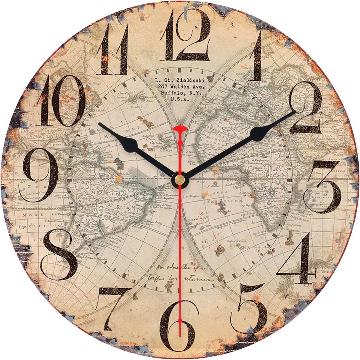 Analoge houten wandklok met vintage wereldkaart voor woonkamer en kantoor, diameter: 20 cm