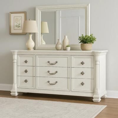 Benjara Naddy Wide Dresser, White Pine Wood, 9 Drawers w Metal Handles