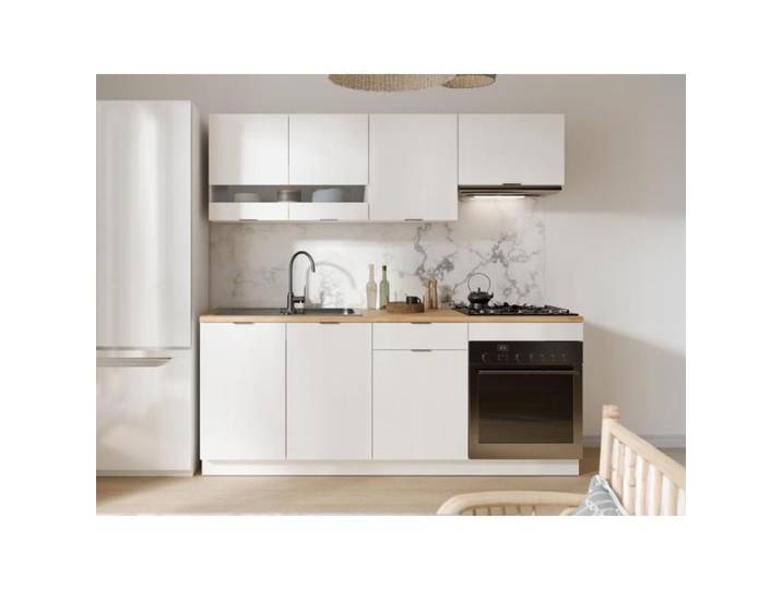 Cuisine complète - Avec plan de travail 200 cm - Blanc et Naturel - CARMEO