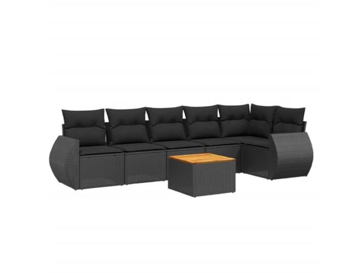 PUGYNBK Garten-Esszimmer-Set, 7-teilig, Rattan, synthetisch, Schwarz Tisch aus Akazienholz mit abnehmbarem Bezug, modulares Design, für den Außenbereich