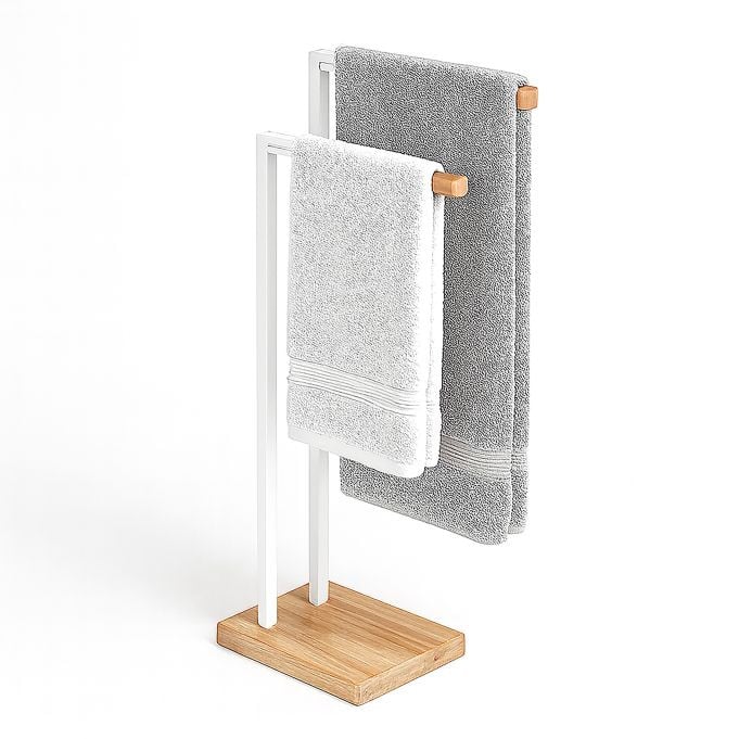 Relaxdays Handdoekrek voor de badkamer, wit, metaal en bamboe, staand, H 80,5 x B 38,5 x D 19,5 cm