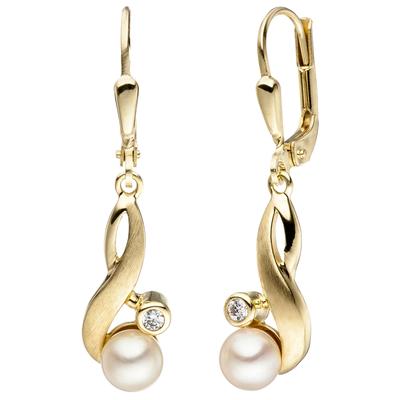 Perlenohrringe JOBO "Ohrringe mit Perlen und Zirkonia", gold (gelbgold 333), Ohrringe, Damen, Gelbgold 333 Perlen, Gelbgold 333, Perlen, 333 Gold