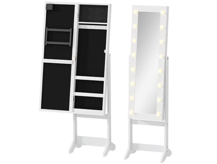 Armoire à bijoux sur pied avec miroir multi-rangement led blanc