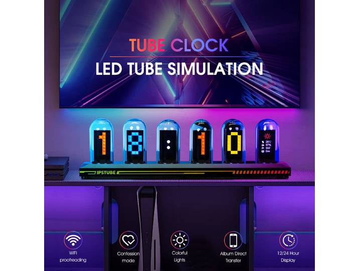Horloge à tubes Nixie RVB avec écran couleur IPS, tube néon multicolore, affichage de l'heure, des photos et de la météo pour la décoration de bureau