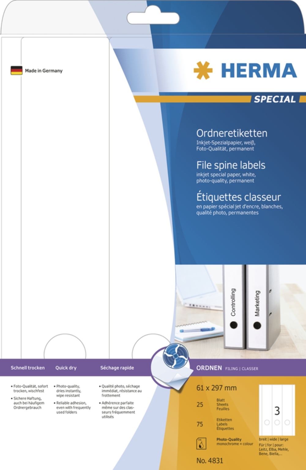 Herma 4831 Inkjet-Ordneretiketten 6.1x29.7 cm (25 Blatt (75 Etiketten))