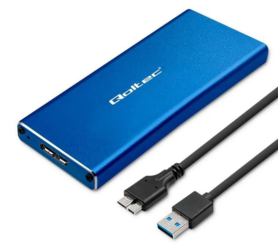 Qoltec 51832 Behuizing voor M.2 SSD-schijf, SATA, NGFF, USB 3.0, 2 TB, Blauw