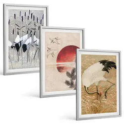 BILDER SET 3er Set - 40x60 cm Silberner Rahmen - Japanische Kraniche Landschaft