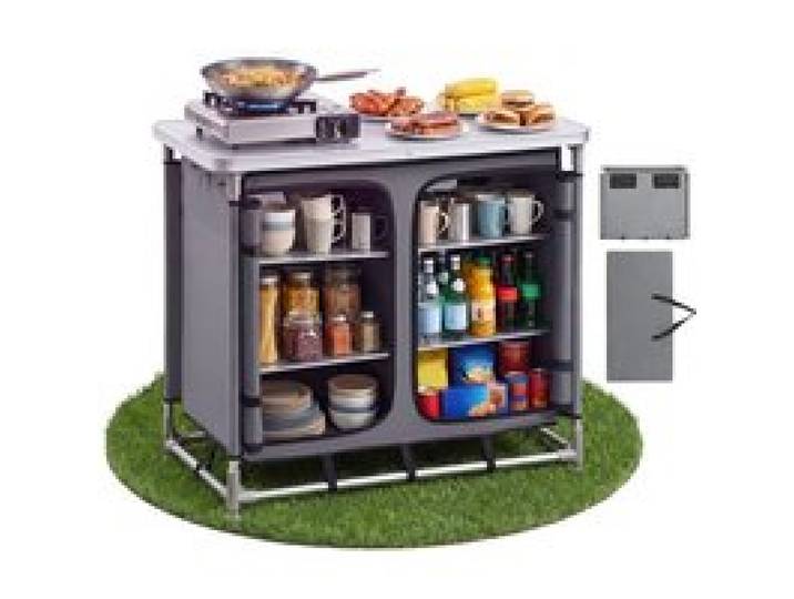 VEVOR Klappbare Campingküche, Tragbarer Campingschrank mit 6 Ablagefächern, Tragetasche & MDF-Tischplatte bis 50 kg Tragkraft, Küchenstation für Picknick, Grillen, Partys, Camping & Wohnmobilreisen
