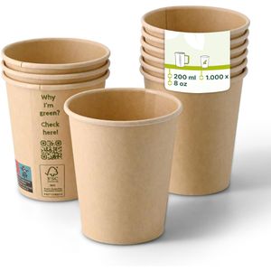 Biozoyg Trinkbecher DHD04475, braun, Pappe, Einweg, für Heißgetränke, 0,2 l, 1000 Stück