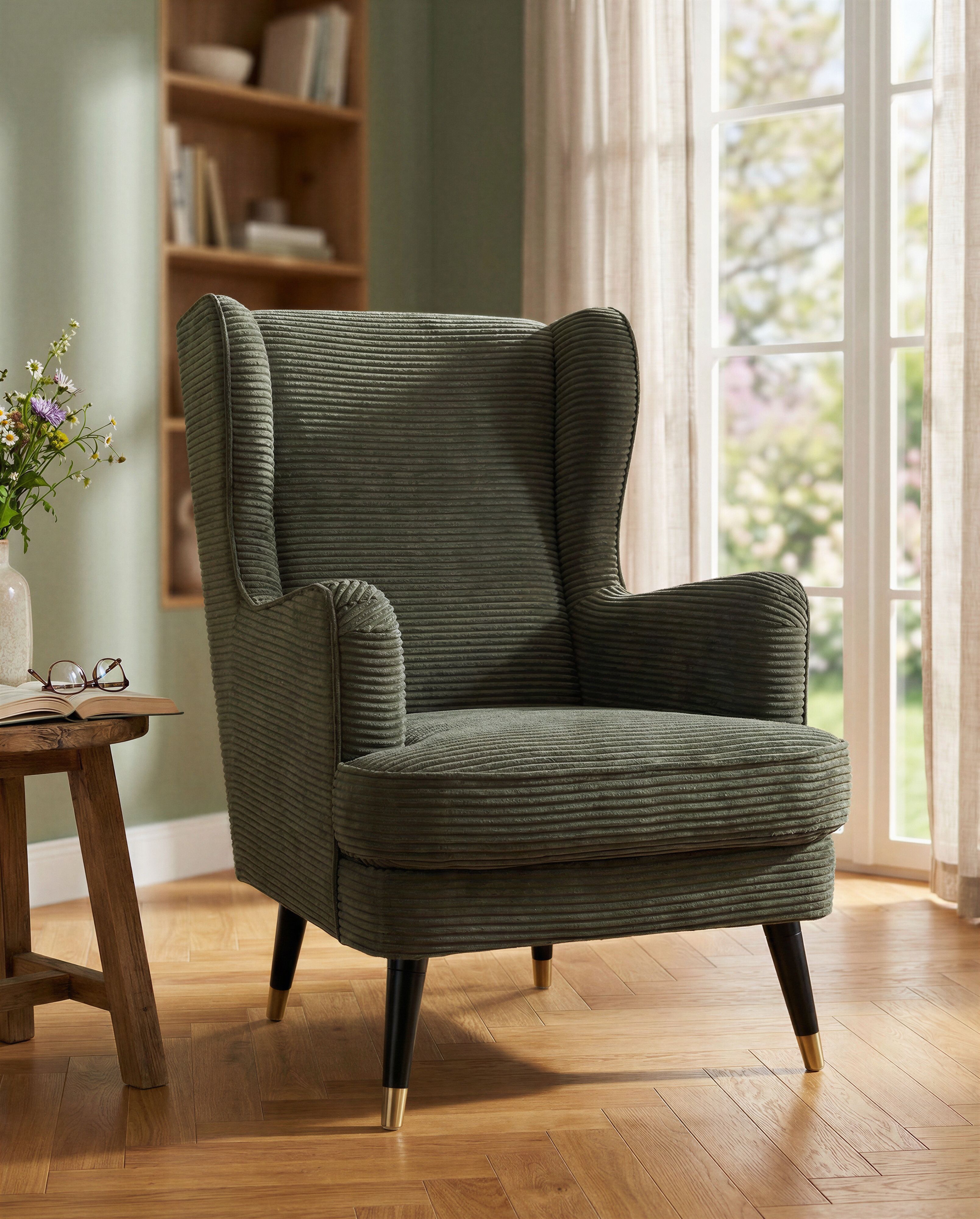 Ohrensessel HOME AFFAIRE "ZILLER, TV-Sessel, frei im Raum stellbar, in Cord und Samtvelours", grün, B:70cm H:105cm T:91cm, Holzgestell, Schaum-Polsterung, Holzbeine und pflegeleichter Bezug, Sessel, Ohrensessel, Holzfüsse mit dekorativen Metallhülsen, Tra