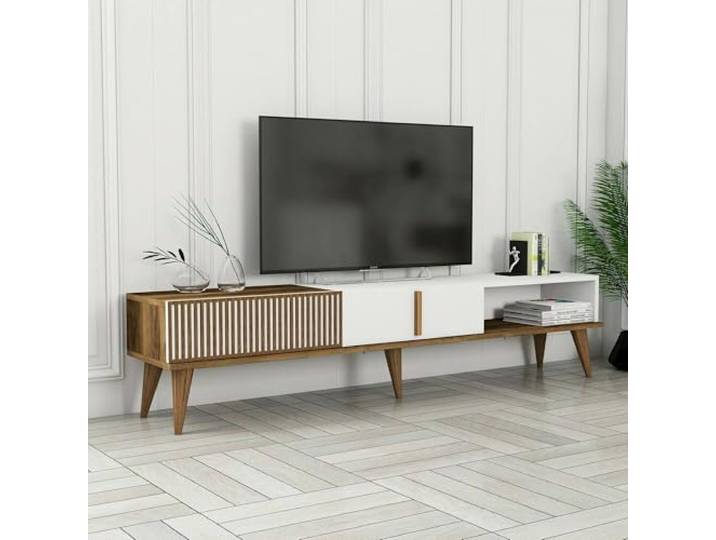 Dmora Mobile Porta TV Aquila, Credenza da soggiorno, Armadio Basso per TV, Base parete attrezzata, 180x35h40 cm, Noce e Bianco