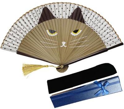 Universal Stock Cute Cat Folding Fan Silk Hand Fan In Japanese Style For Women & Girls brown