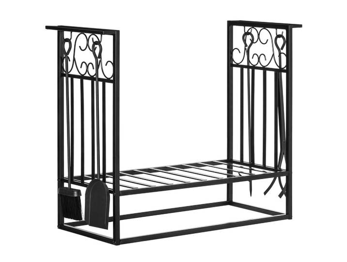 Homcom Kaminholzständer mit Kaminbesteck Erhöhtes Brennholzregal Feuerholzablage Stahl, Schwarz, Metall, 30x60x75 cm, Kleinmöbel, Kamine & Zubehör, Kaminholzregale
