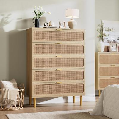YUN Rattan 5 Drawer Tall Dresser for Bedroom, Large Chest with Deep Drawers and Wide Top for Closet or Hallway