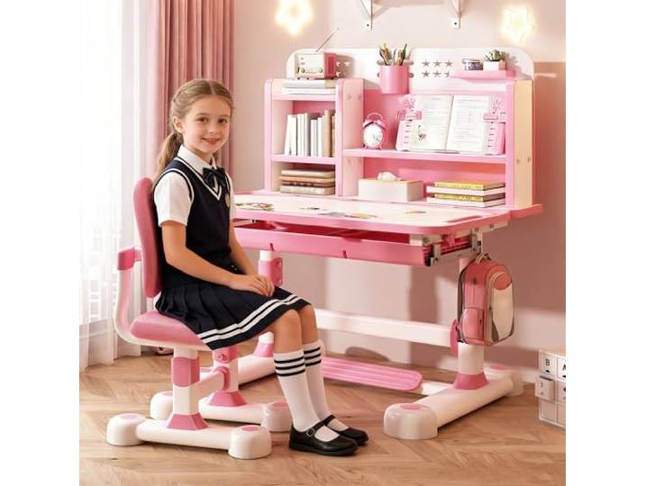 Höhenverstellbar Kinderschreibtisch mit Stuhl, Mädchen Schreibtisch Set Tischplatte 0°-50° neigbar, Multifunktionale Aufbewahrung, Ergonomisch & robust, für 3-12 Jahre, zum Lernen, Malen, Basteln
