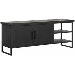 TV Board Beam aus massivem Teakholz, Industrial Design, schwarz, 140 cm, mit Türen