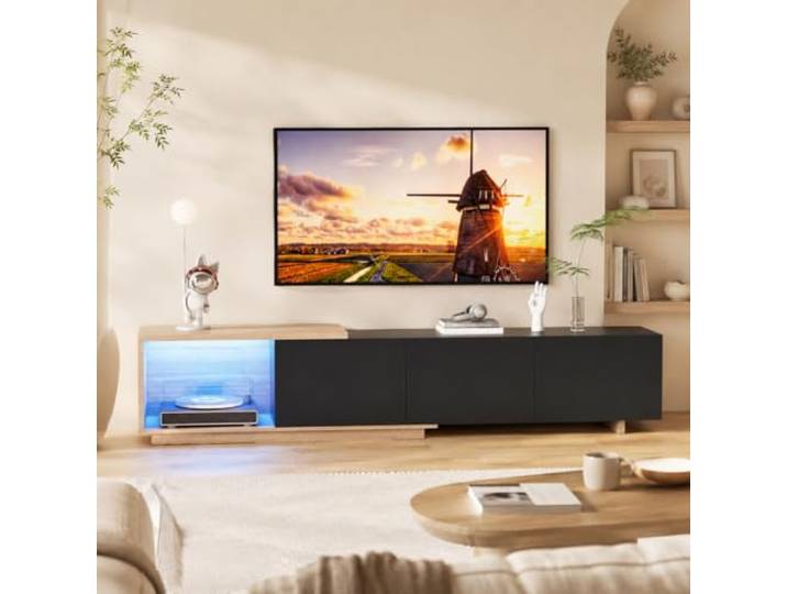 OLIVIBED Eleganz TV Lowboard, TV Schrank mit Schubladen und Offenes Fach, Fernsehschrank mit Praktischer Stauraum, Modernes Fernsehtisch Wohnzimmer und Schlafzimmer, Schwarz