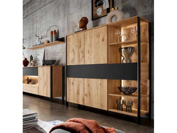Highboard Bono aus massiver Wildeiche mit Beleuchtung – Montierte Lieferung – 3%-Vorkasse-Rabatt