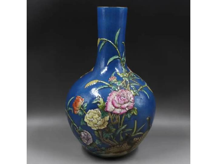 Vase bleu marine grand fleur de pivoine Antique chinois Famille Rose Vase en porcelaine grand Vase gravé
