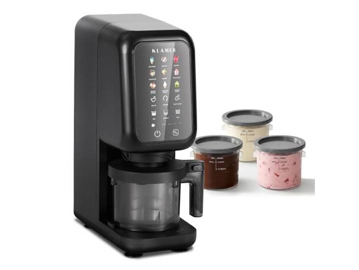 KLAMER Eismaschine 700 W mit 12 Programmen, Touchdisplay und 3 Eisbechern Speiseeisbereiter für vorgefrorene Zutaten mit Sorbet, Frozen Yogurt und Milkshake. Klinge und Becher spülmaschinengeeignet