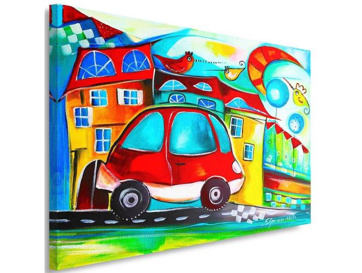 Feeby Leinwandbild Rotes Auto 100x70cm, Mehrfarbig, Märchen/ Fantasie, Rechteckig, 100x70 cm, Bilder & Rahmen, Bilder, Leinwandbilder