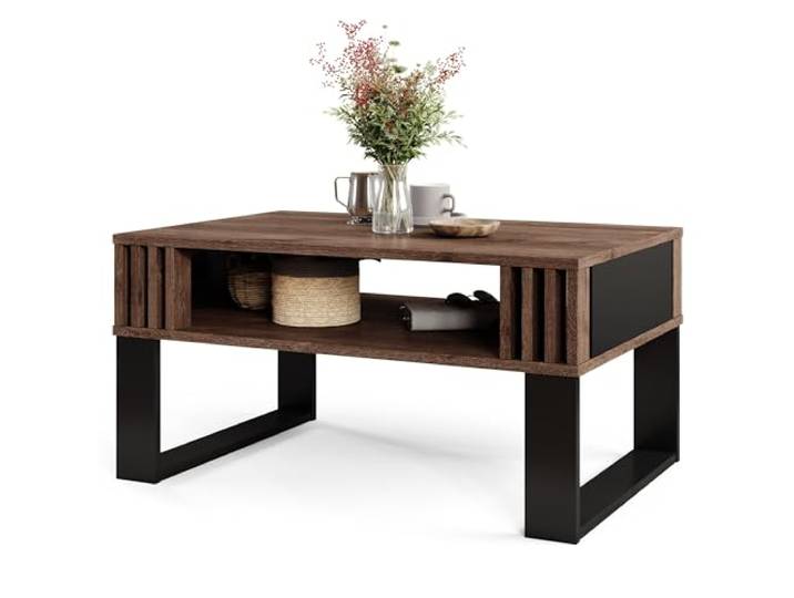 Viosimc Moderner Couchtisch mit Holzdekor-Lamellen, Rechteckiger Wohnzimmertisch mit Regal und Dekorativen Lamellen, Eleganter Zentraler Tisch für Wohnzimmer im Zeitgenössischen Design
