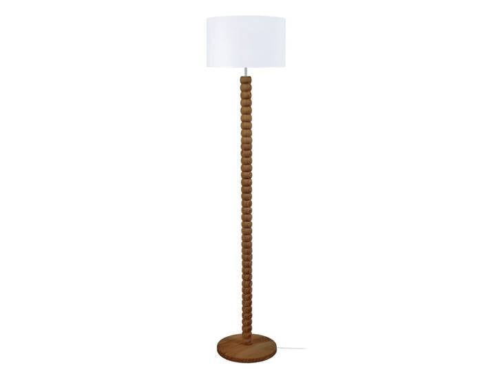 Lampadaire bois foncé métal abat-jour tissu blanc