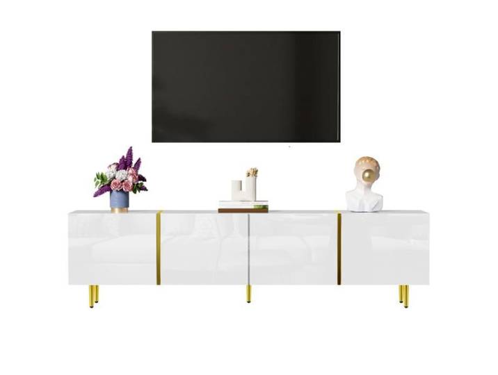 Meuble TV Brillant 170x35x46cm TV Table Design à 4 Portes Meuble de Salon Moderne et élégant Meuble de Rangement Blanc