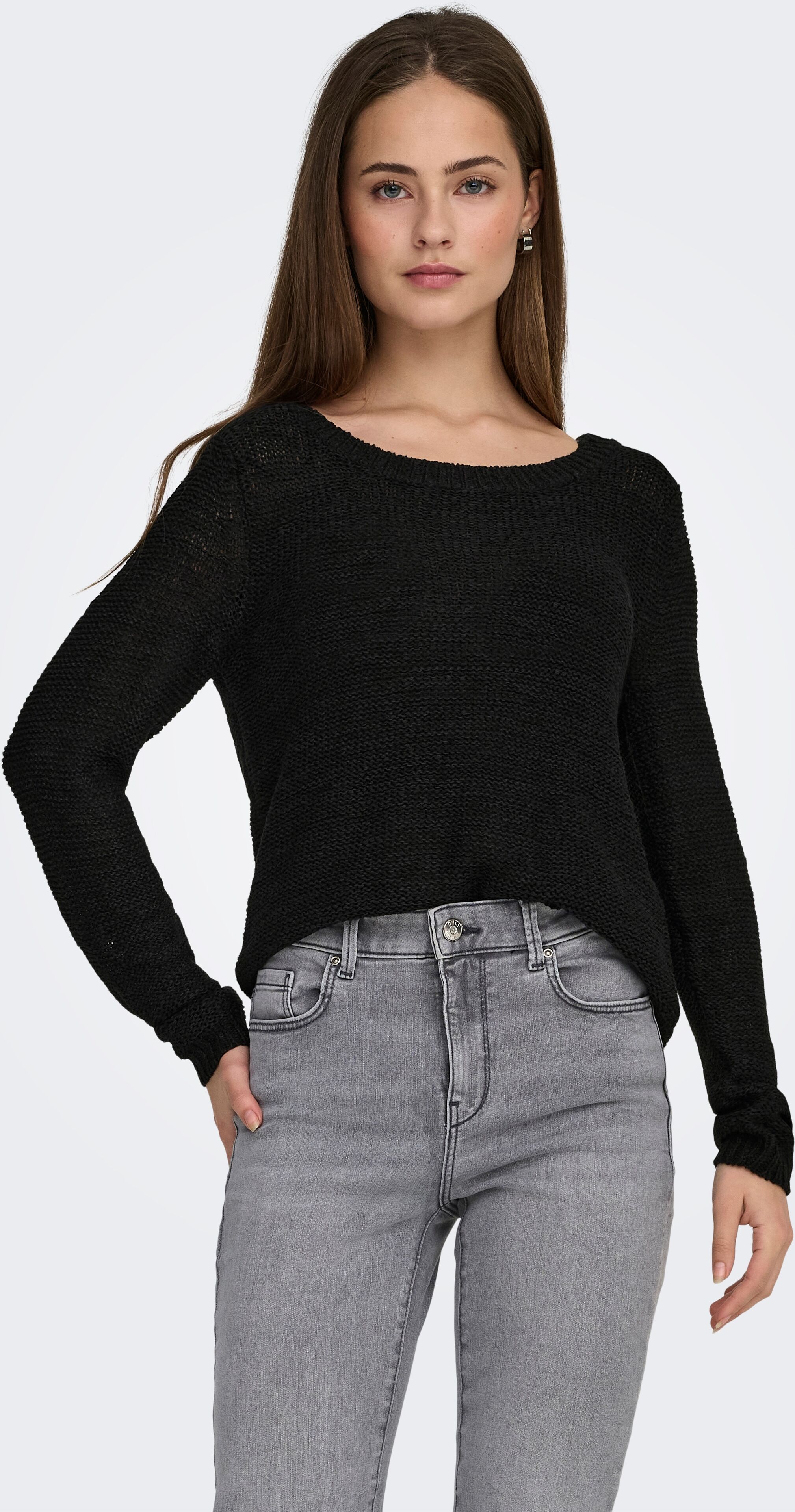 Strickpullover ONLY "ONLGEENA XO L/S PULLOVER KNT NOOS", Damen, Gr. XXL, schwarz, Strick, Obermaterial: 65% Polyacryl, 35% Polyamid, unifarben, tailliert kurz, Rundhals, Rippstrickbündchen, Pullover Strickpullover, Materialmix, regular fit schwarz XXL