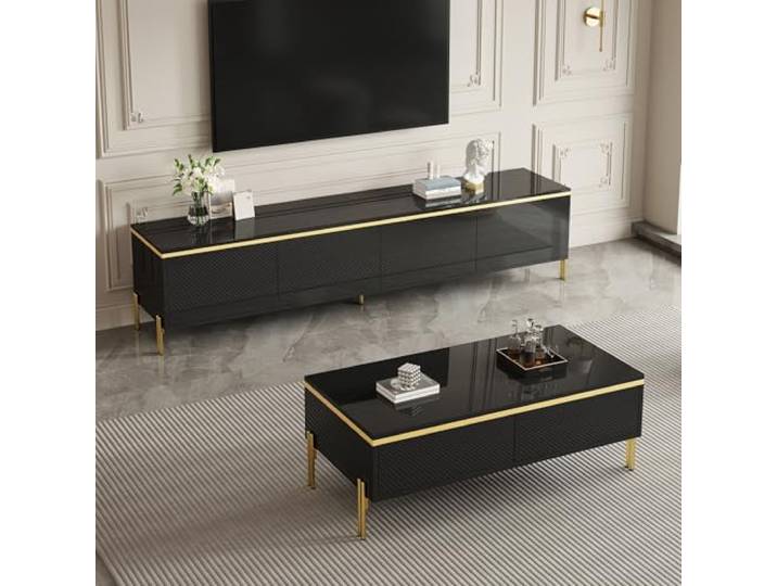 Merax Luxus-TV-Möbel- und Couchtisch-Set – Hochglänzende Oberfläche in Unifarbe mit Goldenen Zierelementen, Großzügiger Stauraum, Robustes Design für Wohnzimmer & Moderne Büros,Schwarz