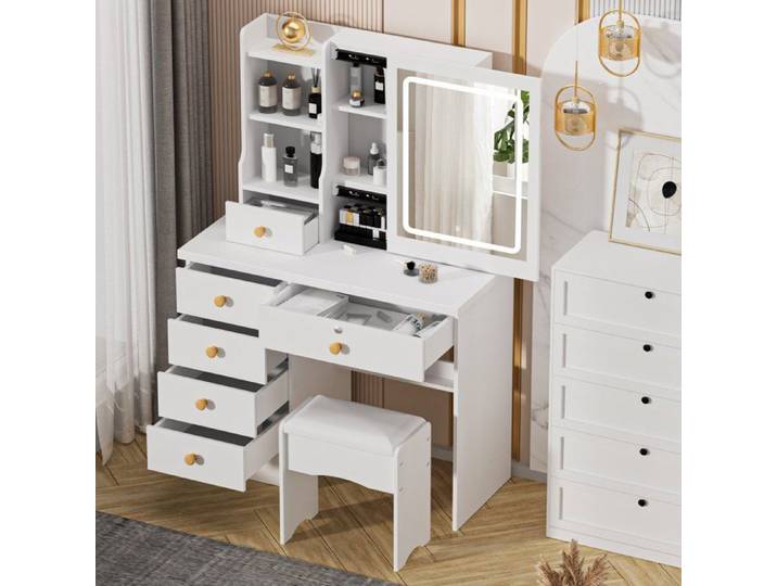 Coiffeuse avec Tabouret - WILITTO - Miroir Lumineux Coulissant - 6 tiroirs et étagères ouvertes - 80x36x132cm - Blanc