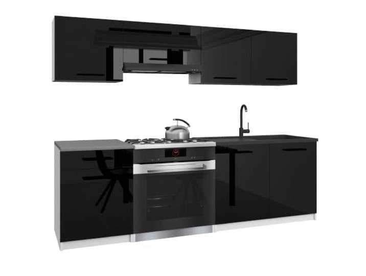 Belini Italia 1 Küchenzeile Küchenblock 180cm Schwarz Hochglanz Küchenset als gerade Küchenzeile, weiße Korpusse, DECOR ECONATURA Material, kratzfest, ohne Elektrogeräte, mit Arbeitsplatte