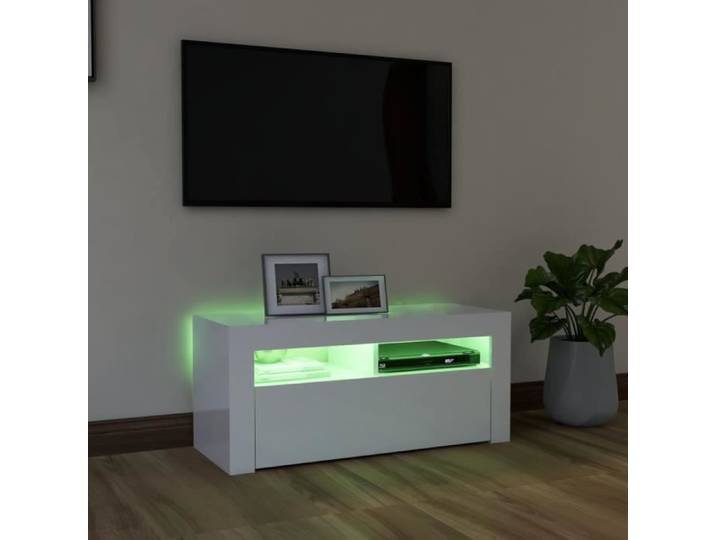 Meuble TV VINGVO - Blanc brillant - Avec LED RVB - 90x35x40 cm