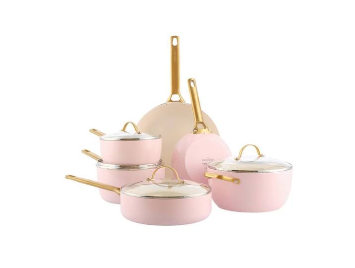 Kochtopfset, Gold & Pink & Weiß, 6-teilig, Metall & Glas, PFAS-frei, Modern