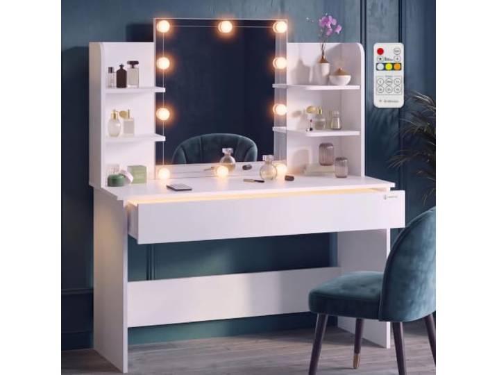 CASARIA Schminktisch mit LED Beleuchtung und Spiegel Kosmetiktisch mit LED-Spiegel, Fernbedienung und LED-beleuchteter Schublade für Make-up, Schmuck und Kosmetik