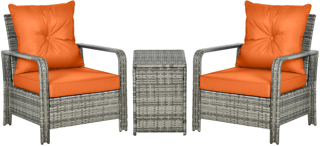 Outsunny 3 Pieces Rattan Bistro Set with 72 L Storage Coffee Table Orange Gray 2