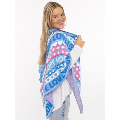 Dreieckstuch ZWILLINGSHERZ "Jahrmarkt", Damen, bunt (blau pink), Strick, Materialmix, gemustert, mehrfarbig, Modetücher, Schriftzug, farbenfroh, wärmend, Strick