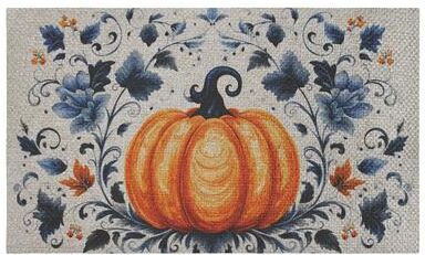 "Stupell Pumpkin With Blue Floral Background Outdoor Door Mat, design by Creative Studio, 18""x30"""