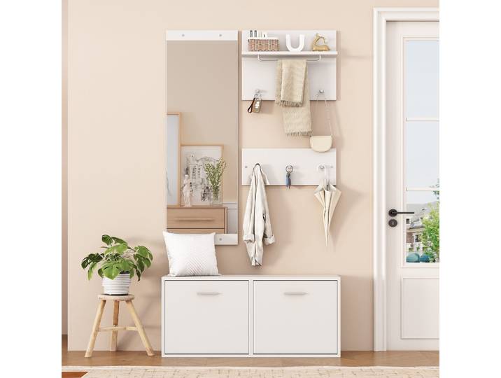 Ensemble Vestiaire Entrée 4 Pièces Blanc Avec Miroir\, Meuble À Chaussures Avec Banc\, 6 Crochets\, 2 Porte-manteaux Muraux Et Rangement Chaussures